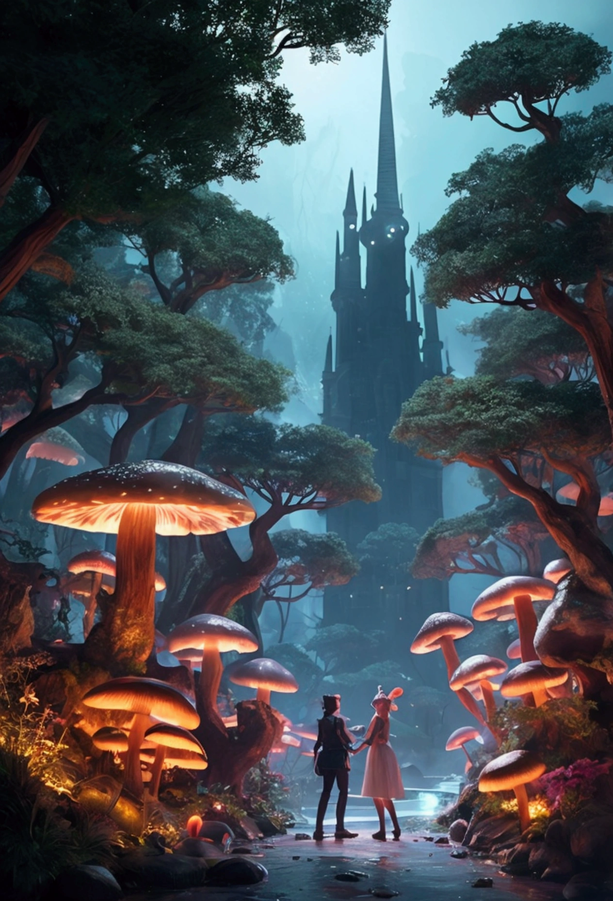 
    "A magical forest with glowing mushrooms and fairies dancing among the trees"
    "A surreal landscape with floating islands and crystal waterfalls"
    "A dreamlike cityscape with towering spires and glowing neon lights"
