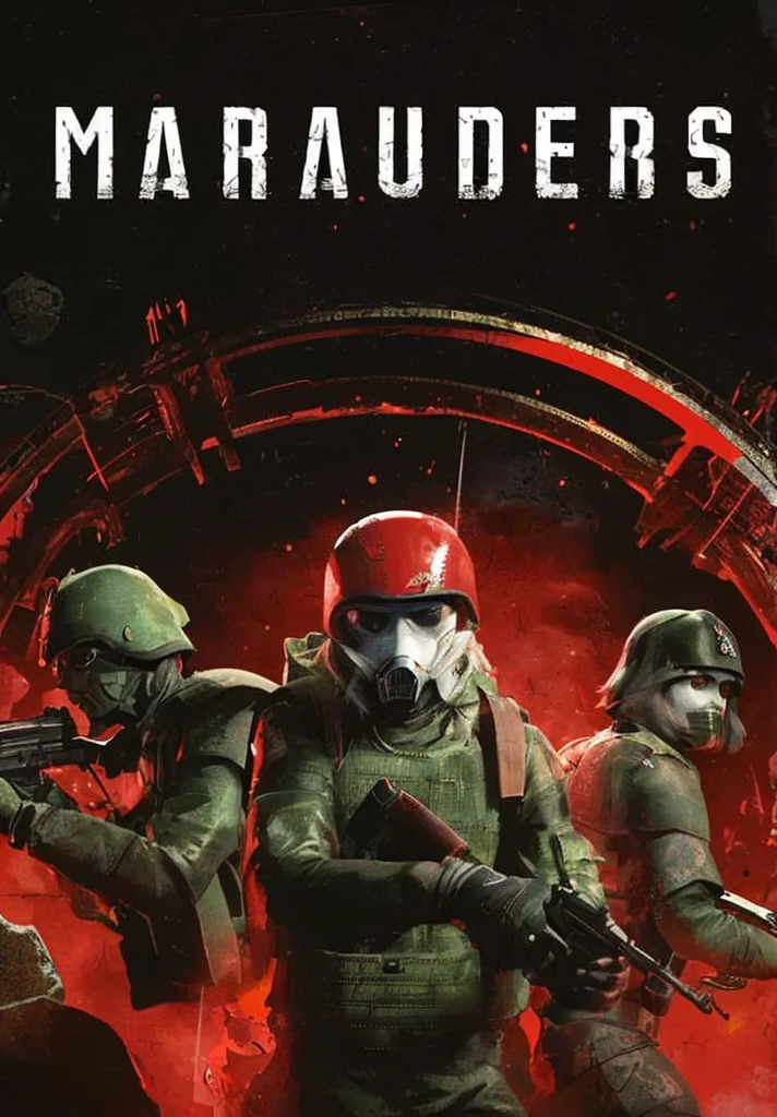 affiche de film avec en haut et centré "MARAUDERS"; au premier plan un trio de 3 personnage portant des masque à gaz et des casques militaires, ils ont des fusil dans leurs mains; un arrière plan sombre et rouge
