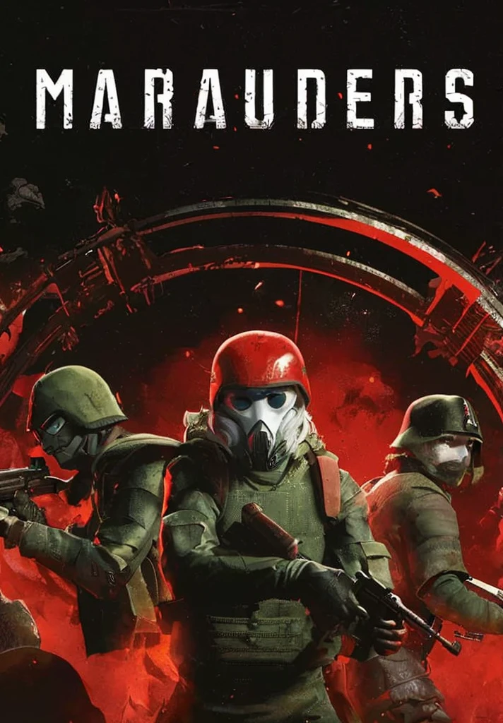 affiche de film avec en haut et centré "MARAUDERS"; au premier plan un trio de 3 personnage portant des masque à gaz et des casques militaires, ils ont des fusil dans leurs mains; un arrière plan sombre et rouge