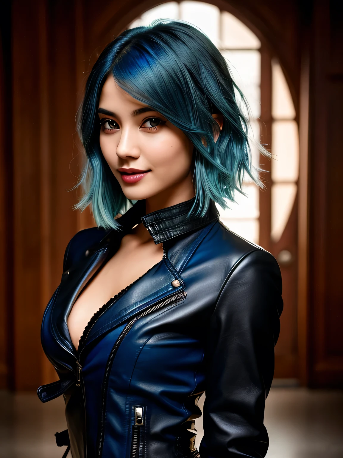 (blue hair:1.4), short hair, realistic green eyes, cobalt hair, long bob hair, tousled hair, shoulder length hair, Full body, woman with white skin and Asian features, 24 year old, big breast. She has a small, elegant nose with a slight upward curve at the tip. Her lips are full and naturally pink, with a well-defined Cupid's bow. Her teeth are straight and white, enhancing her captivating smile. Her face has an oval shape with high cheekbones that add to her model-like appearance. highly detailed glowing eyes, specular light, extreme quality, crystal clear, cute face, detailed skin pores, oil Dark skin, brown, complex eye details, 8K, (vampire mercenary:1.3), Wearing a (black blouse:1.3) with a (black leather jacket:1.3) and (tight black pants;1.3), View from the front, Waist up shot, Dynamic pose, Ambient Lighting, Photographic realism, Intricate facial details, Exquisite handcrafted details, Very detailed, Vibrant colors, Cinematic, High resolution, Trending Style Raw on Artstation, (short hair:1.2), (short hair:1.3), (short hair:1)
