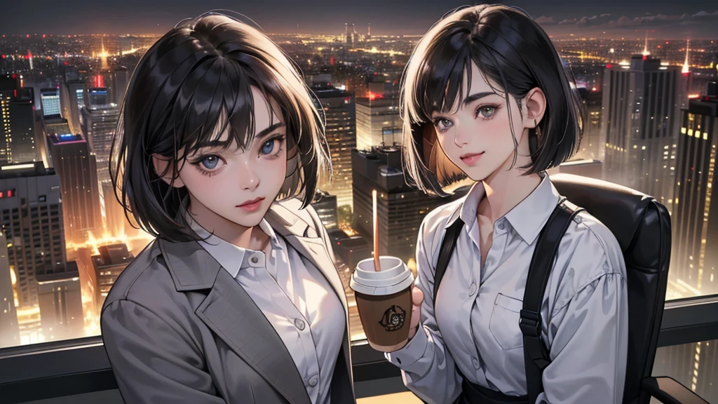 (perfect anatomy:1.2)(absurdres, highres, ultra detailed),masterpiece,best quality,high resolution,8k,Realistic face,Realistic skin texture,magnified textures, stunning clarity,detailed anime girl,(ultra detailed eyes and face),(1 girl:1.4),21 years old,office worker,black hair, bob cut,natural make,grey jacket,grey pants,black brouse,sparkling eyes.small nose,roundface,(in the it corporate office:1.3)standing,brown bag,(No one in the city office:2),(night),(look at viewer),(Coffee is offered to the VIEWER :1.5)(Happy Smile:1.2)(bashful:1.2),upper body