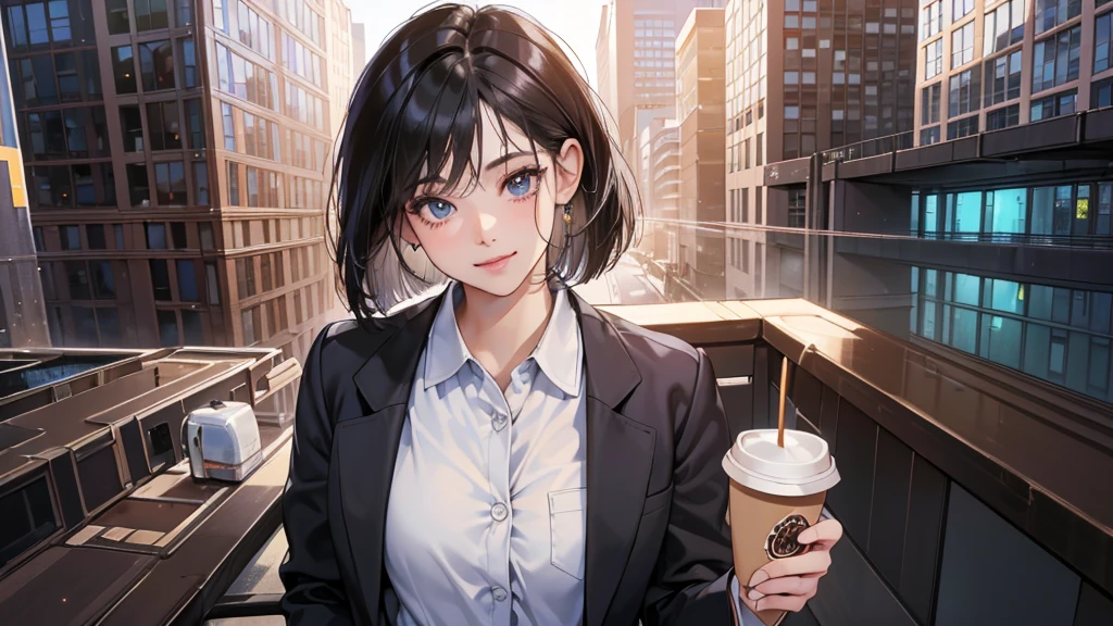 (perfect anatomy:1.2)(absurdres, highres, ultra detailed),masterpiece,best quality,high resolution,8k,Realistic face,Realistic skin texture,magnified textures, stunning clarity,detailed anime girl,(ultra detailed eyes and face),(1 girl:1.4),21 years old,office worker,black hair, bob cut,natural make,grey jacket,grey pants,black brouse,sparkling eyes.small nose,roundface,(in the it corporate office:1.3)standing,brown bag,(No one in the city office:2),(night),（look at viewer),(Coffee is offered to the VIEWER :1.5)(Happy Smile:1.2)(bashful:1.2),upper body