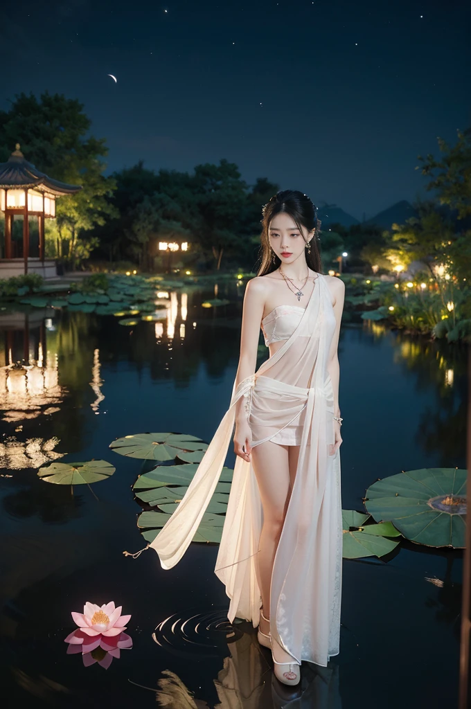 (((best quality))),(((ultra detailed))),(((masterpiece))),illustration,((1 beautiful young girl,solo)),((slim,thin)),(shoulder length straight hair:1.2),((earrings,necklace)),((small breasts,flat chest)),(see through traditional pink sheer Hanfu dress:1.3),((slender legs,bare legs,loafers)),(beside the lotus pond full of lotus flowers:1.3), serene moonlight, ethereal,floral pattern, water movement, billowing fabric, tranquil, moon reflection, petals, fireflies, magical, light,warm light, dreams, invitation, (standing:1.3),(arms behind back:1.3),gazing, reflection, inner thoughts, emotional, sweet scent, natural beauty, solitude, hypnotic lull, eternal summer,(night scene:1.3), natural world, human spirit, celebration, backdrop, water, glow,((from front,full body))