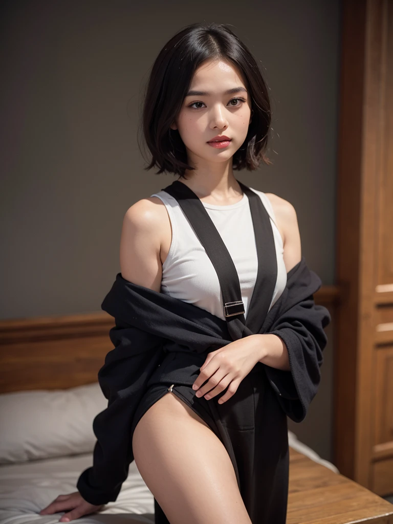 Happy birthday, 1 girl, influencer, name sophia, teenager, age17, alone, (((Short hair))) brown hair, ultra realistic, looking at viewer, black hair, bare shoulders, ((honey eyes)), body whole, dress, black jacket, ultra realistic, sexy, beautiful, white skin, well detailed, pink cheeks, red lips, ultra sexy, people in the background.