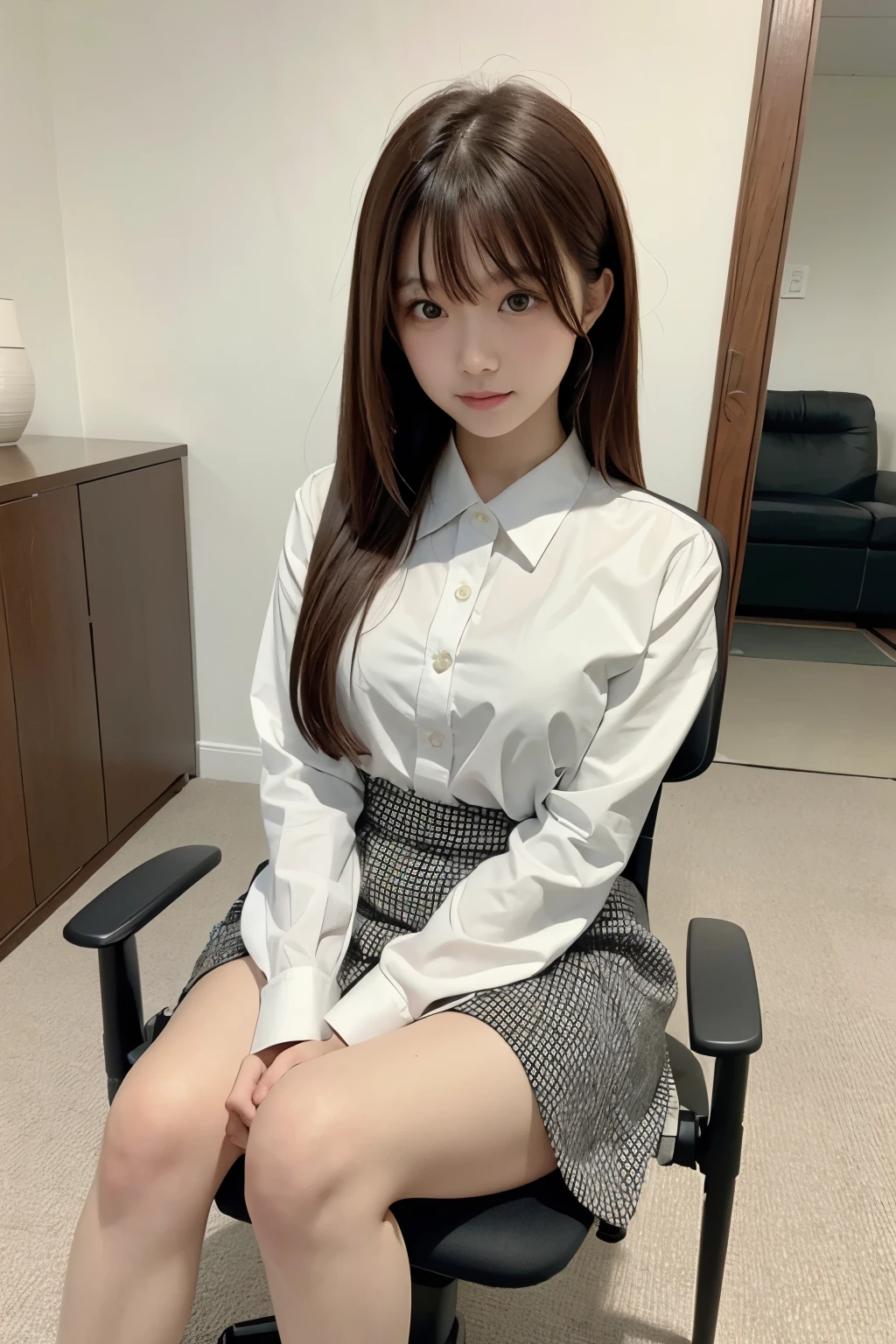 ((software: 1.4)), ((software, (Chair) , (Sitting) , (v Arms) , blouse, 1 girl)), Ultra-high resolution, (Realistic: 1.4), RAW Photos, Highest quality, (PhotoRealistic Stick), concentrated, Soft Light, ((15 years old)), ((Japanese)), (( (Young Face))), (surface), (Depth of written boundary), masterpiece, (Realistic), woman, bangs, ((1 girl))