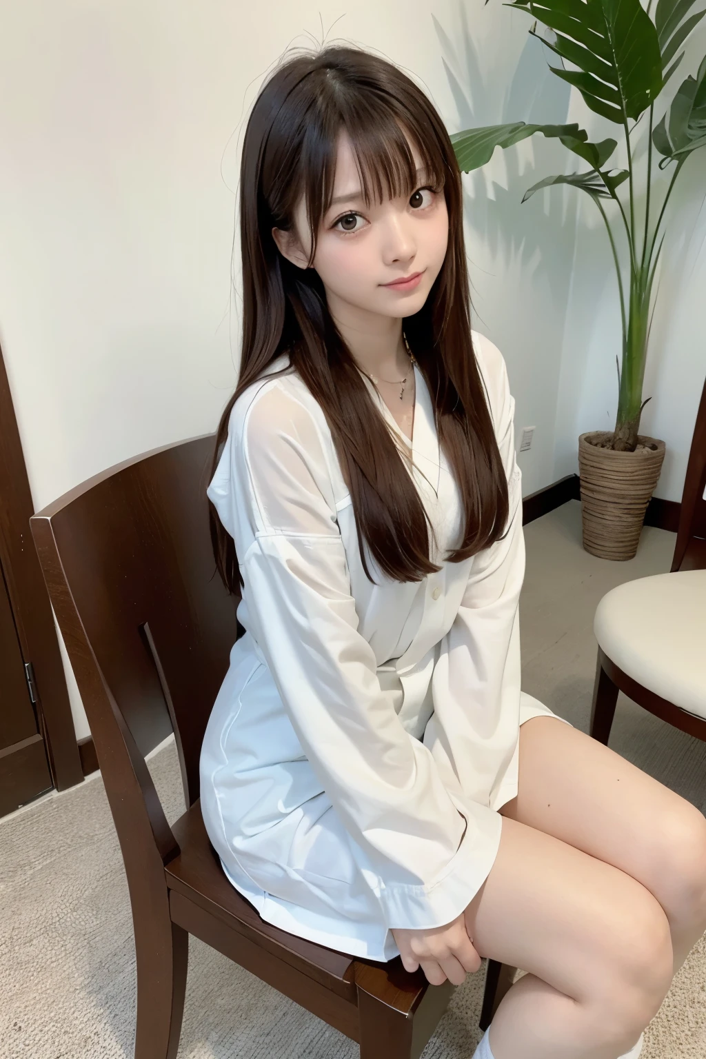 ((software: 1.4)), ((software, (Chair) , (Sitting) , (v Arms) , blouse, 1 girl)), Ultra-high resolution, (Realistic: 1.4), RAW Photos, Highest quality, (PhotoRealistic Stick), concentrated, Soft Light, ((15 years old)), ((Japanese)), (( (Young Face))), (surface), (Depth of written boundary), masterpiece, (Realistic), woman, bangs, ((1 girl))