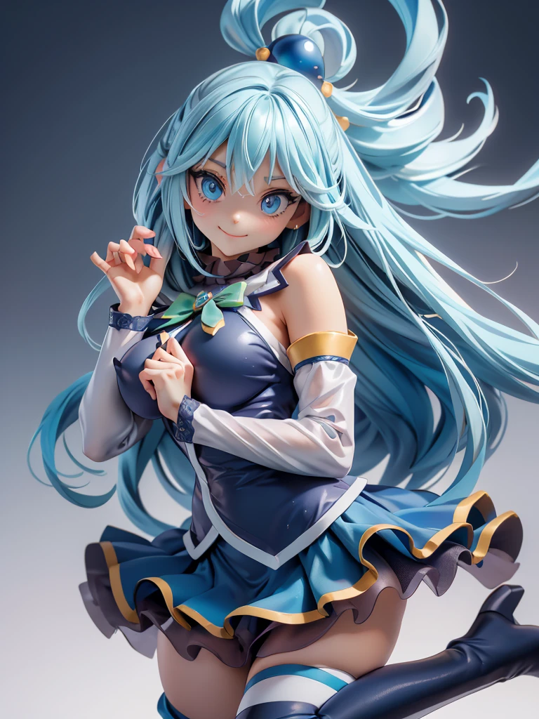 {{{masterpiece}}}, {{{Best quality}}}, {{ultra detailed}}, {illustration}, {{very gentle and beautiful}}, (beautiful detailed eyes:1.6), very detailed face, 8 K, anime face, 18 years, Aqua (Konosuba)1 girl, Длинные hair, Blue eyes, hair ornament, very Длинные hair, синие hair, bang, Hair rings, one hair ring, hair, skirt, shirt, thigh high, bare shoulders, cut off sleeves, White sleeves, white thigh high, blue skirt, нижняя skirt, blue shirt, green bow, blue long boots, Big breasts, hips, break, cheerful smile, anime image of a young woman, very cute anime face, best anime girl, sly smile,