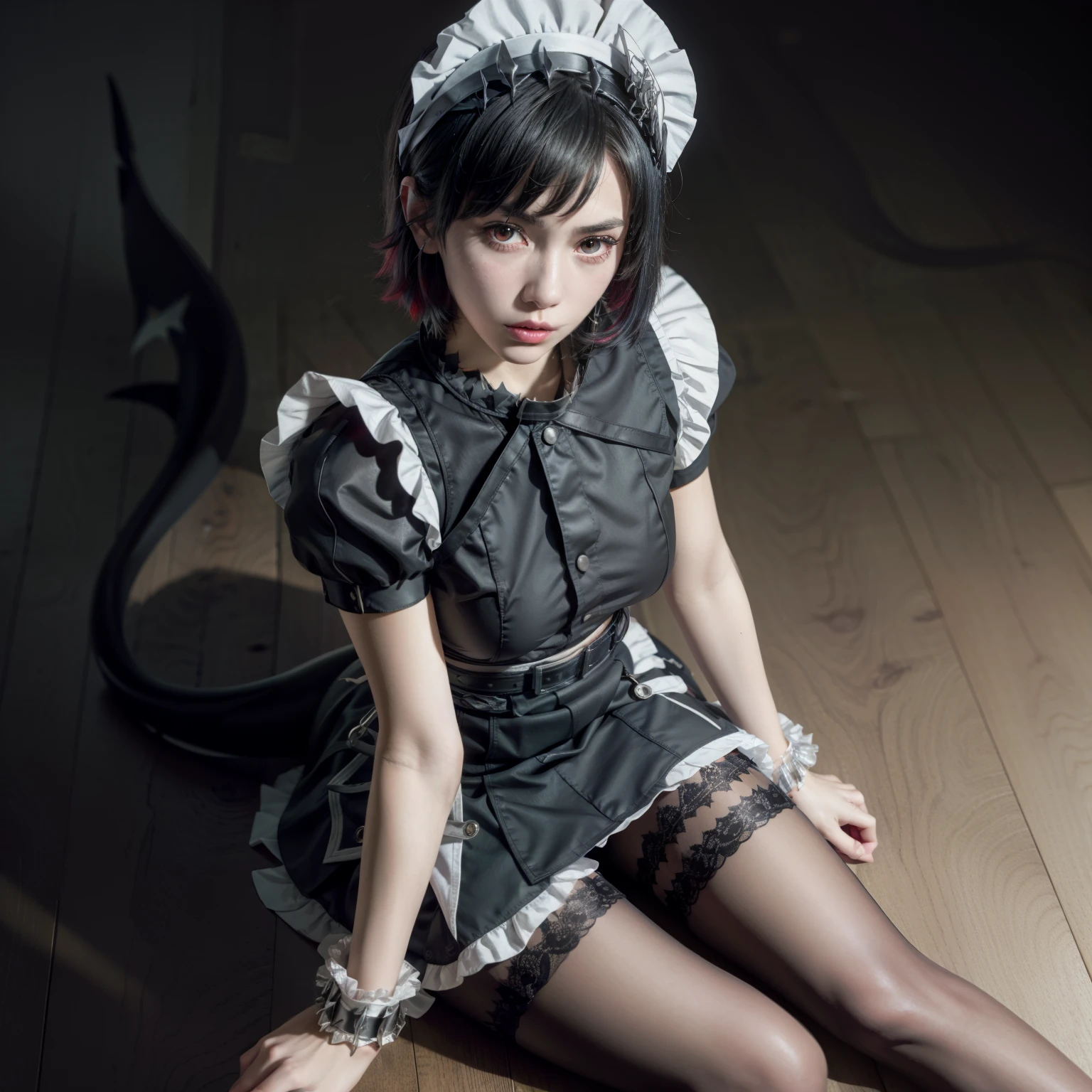 1girl,solo,Playful,ellen joe, black hair, colored inner hair, multicolored hair, (red eyes:1.3), red hair, short hair, two-tone hair,
apron, black pantyhose, black shirt, black skirt, ear piercing, fins, fish tail, maid, maid apron, maid headdress, pantyhose, piercing, puffy short sleeves, puffy sleeves, shark girl, shark tail, shirt, short sleeves, skirt, tail, two-tone hair, wrist cuffs, (panties:1.2)