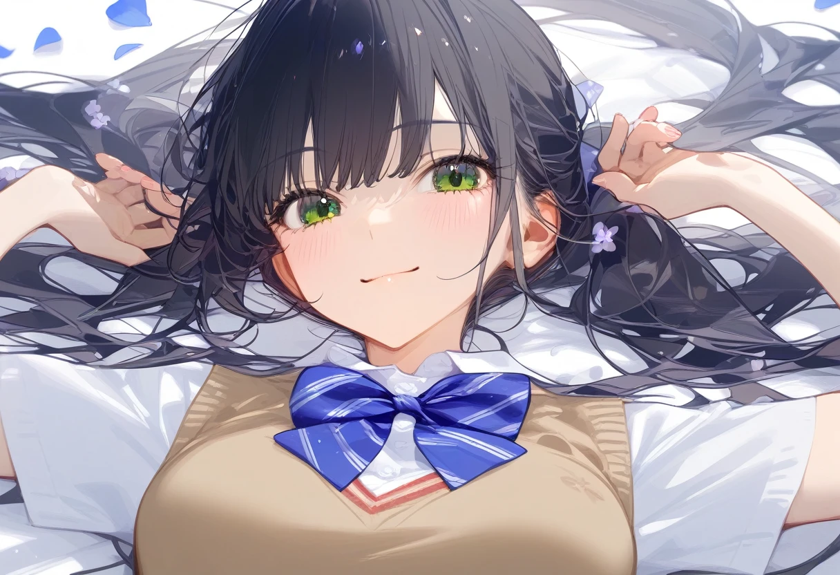 newest, masterpiece, best quality, 1girl, solo, green eyes, long hair, shirt, black hair, twintails, on back, bow, lying, petals, short sleeves, looking at viewer, white shirt, bangs, sweater vest, collared shirt, bowtie, smile, striped bow, striped, upper body, blue bow, closed mouth, striped bowtie, white background, hands up, blue bowtie, very long hair