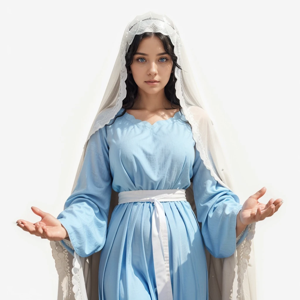 Beautiful woman with light blue eyes, curly black hair, wearing a blue tunic with wide, long sleeves adjusted at the waist by a white sash. Wear a thick white veil. She has open arms. Beautiful female hands