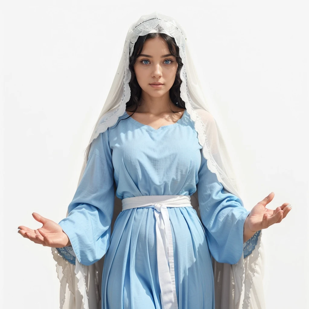 Beautiful woman with light blue eyes, curly black hair, wearing a blue tunic with wide, long sleeves adjusted at the waist by a white sash. Wear a thick white veil. She has open arms. Beautiful female hands