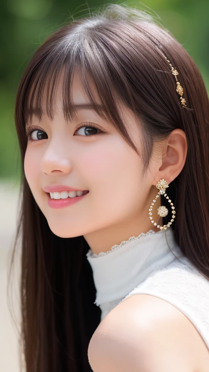 Realistic painting、Best image quality、cute日本の女の子、Beautiful Japanese Girl、1 girl、(Miyu Ozono)19 years old、Highly detailed faceと肌の質感、sophistication、Highly detailed face、beautiful girl、Long Hair、With bangs、cute女の子、(lips are plump、especially the upper lip)、Open your mouth a little、perfection、最高級のbeautiful girl、head band、cute、Sparkling eyes、Similar to Haruka Fukuhara、An even cuter face、Stylish choker、Beautiful earrings、Translucent white skin、Exposed soft skin、For a smaller face、smile、Sparkling eyes、特別なbeautiful girl、唯一無二のbeautiful girl、Bright expression、refreshing personality