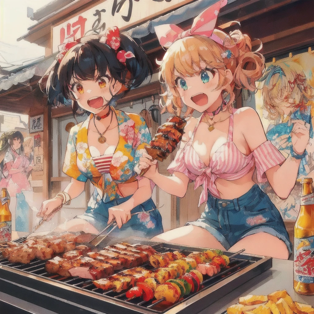 anime characters cooking on a grill with a lot of food, Grilling meat,Angry,Anime Food, everyone, cooking it up, Kantai Collection Style, High quality anime art style, Anime Girls, two beautiful Anime Girls, 80s anime style,Lofi,Beautiful anime artwork, cooking show, Anime Background, cooking, Anime Moe Art Style, Hololive, Trending Anime Art, Beautiful and detailed anime art, High quality fan art, barbecue