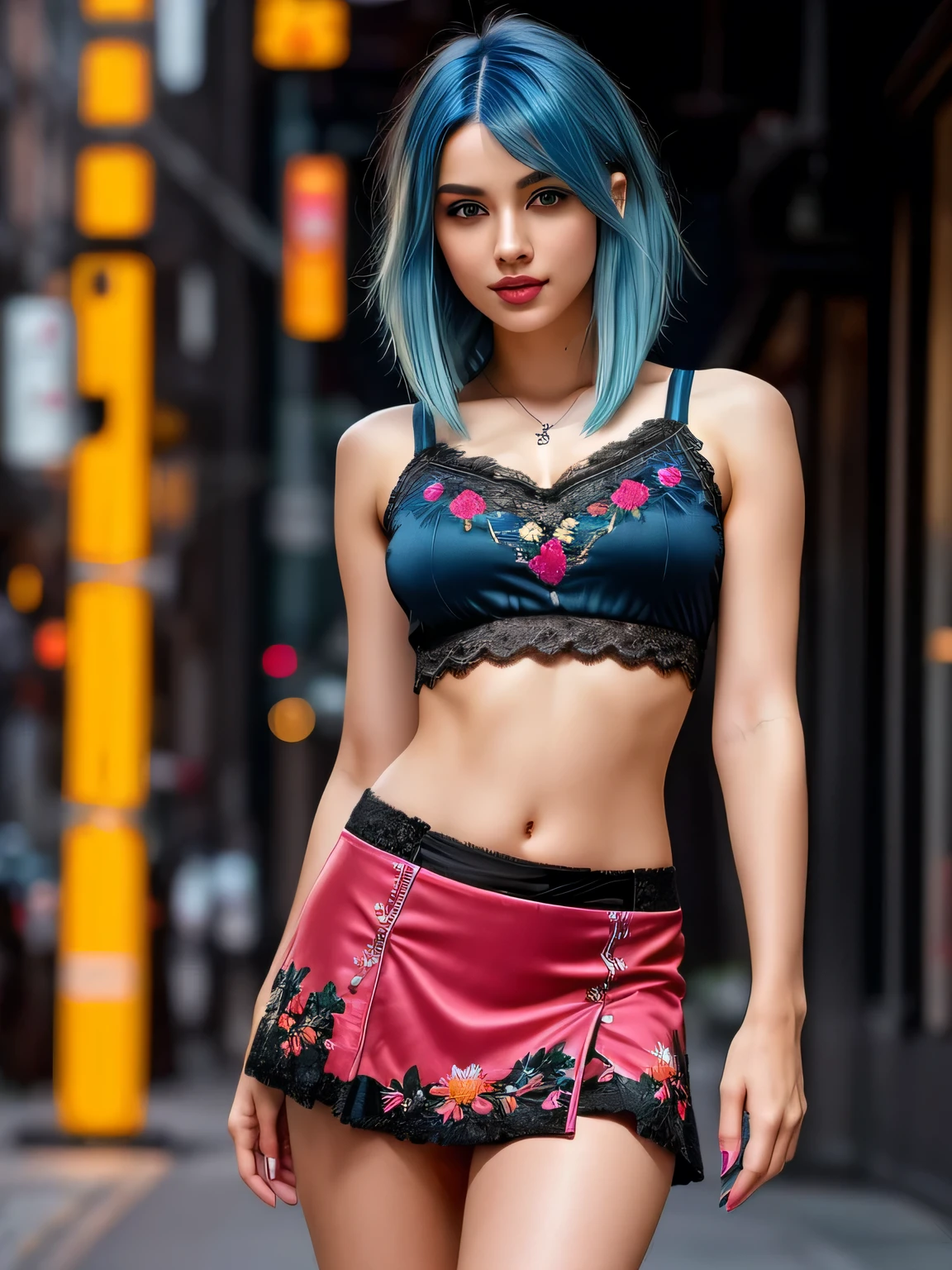 (blue hair:1.4), short hair, realistic green eyes, cobalt hair, long bob hair, tousled hair, shoulder length hair, Full body, woman with white skin and Asian features, 24 year old, big breast. She has a small, elegant nose with a slight upward curve at the tip. Her lips are full and naturally pink, with a well-defined Cupid's bow. Her teeth are straight and white, enhancing her captivating smile. Her face has an oval shape with high cheekbones that add to her model-like appearance. highly detailed glowing eyes, specular light, extreme quality, crystal clear, cute face, detailed skin pores, oil Dark skin, brown, complex eye details, 8K, (masterpiece:1.3), ultra detailed, ultra high res, (realistic, photo realistic:1.37), high detail RAW color photo, professional photograph, 1 girl with a perfect body, super fine face and eyes, (dark makeup, pink lipstick, eyeliner), ((cowboy shot)), (perfect proportions), (anatomically correct), ((view the viewer)), (embroidered lace ethereal tanktop:1.2) black, silver Color, ((red, (black mini skirt embroidered lace:1.2))), ((Valley exposure:1.3)), beautiful cheekbones, (slim belly:1.2), (narrow waist:1.4), The attention to detail, On the street, (short hair:1.2), (short hair:1.3), (short hair:1)