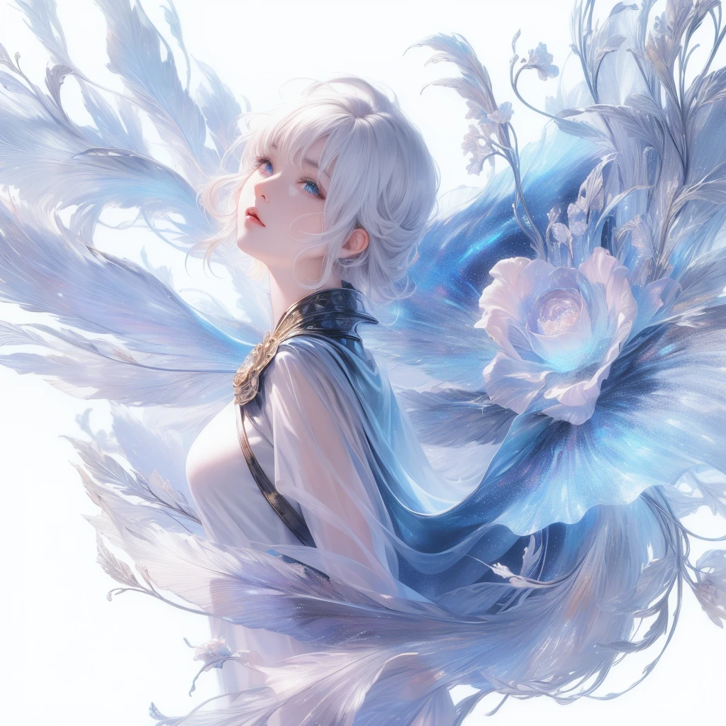 ((masterpiece)), (((best quality))), ((Super detailed)), ((illustration)),[Realistic lighting effects],shadow,(Fantasy style),(White background:1.6), Simple background, (earth theme),(A cape)[(hair focus,((1 Girl)),[(Big slime hair): (Cloud):0.3], (hair on background),(High Saturation),(The hair is surrounded by galactic splashes),)):((Her hair turned into a galactic cloud,:1.27628), (Hair and clothes are galactic clouds and star clusters:1.1025),(A cape is becoming galaxy clouds)