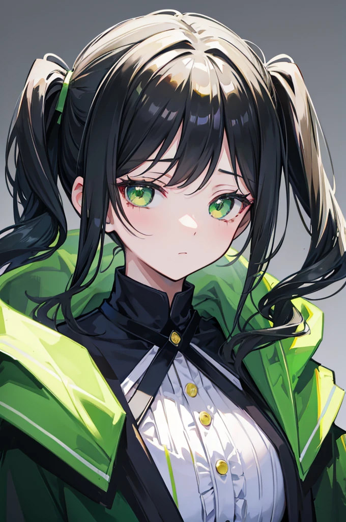 portrait, upper body face through torso, black hair, long wavy side ponytail, eromanga, half closed eyes, green eyes, boring face,dark green cloak, B cup