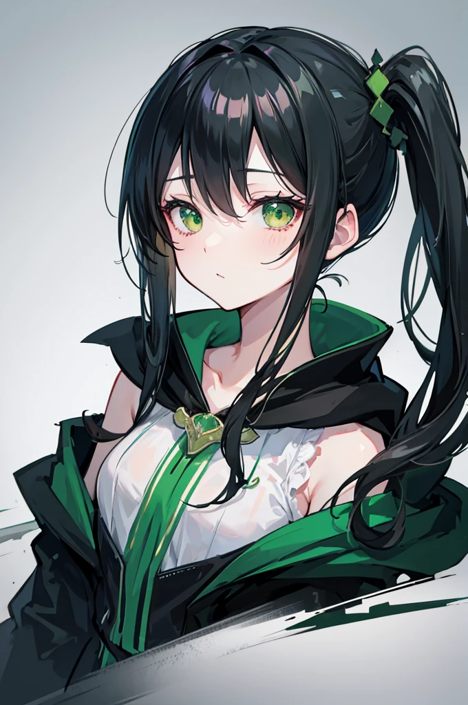 Anime girl with long straight black hair with dark green highlights ,green eyes,athletic body,taoist, detailed body, detailed eyes, masterpiece, best quality, aesthetic, standard pose