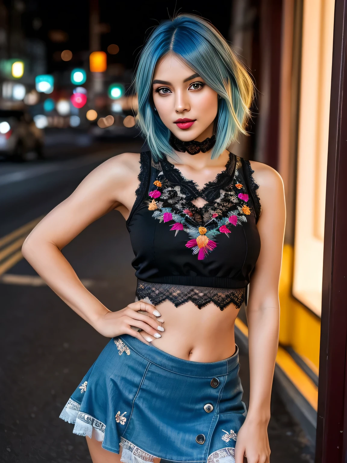 (blue hair:1.4), short hair, realistic green eyes, cobalt hair, long bob hair, tousled hair, shoulder length hair, Full body, woman with white skin and Asian features, 24 year old, big breast. She has a small, elegant nose with a slight upward curve at the tip. Her lips are full and naturally pink, with a well-defined Cupid's bow. Her teeth are straight and white, enhancing her captivating smile. Her face has an oval shape with high cheekbones that add to her model-like appearance. highly detailed glowing eyes, specular light, extreme quality, crystal clear, cute face, detailed skin pores, oil Dark skin, brown, complex eye details, 8K, (masterpiece:1.3), ultra detailed, ultra high res, (realistic, photo realistic:1.37), high detail RAW color photo, professional photograph, 1 girl with a perfect body, super fine face and eyes, (dark makeup, pink lipstick, eyeliner), ((cowboy shot)), (perfect proportions), (anatomically correct), ((view the viewer)), (embroidered lace ethereal tanktop:1.2) black, silver Color, ((red, (black mini skirt embroidered lace:1.2))), ((Valley exposure:1.3)), beautiful cheekbones, (slim belly:1.2), (narrow waist:1.4), The attention to detail, On the street, (short hair:1.2), (short hair:1.3), (short hair:1)