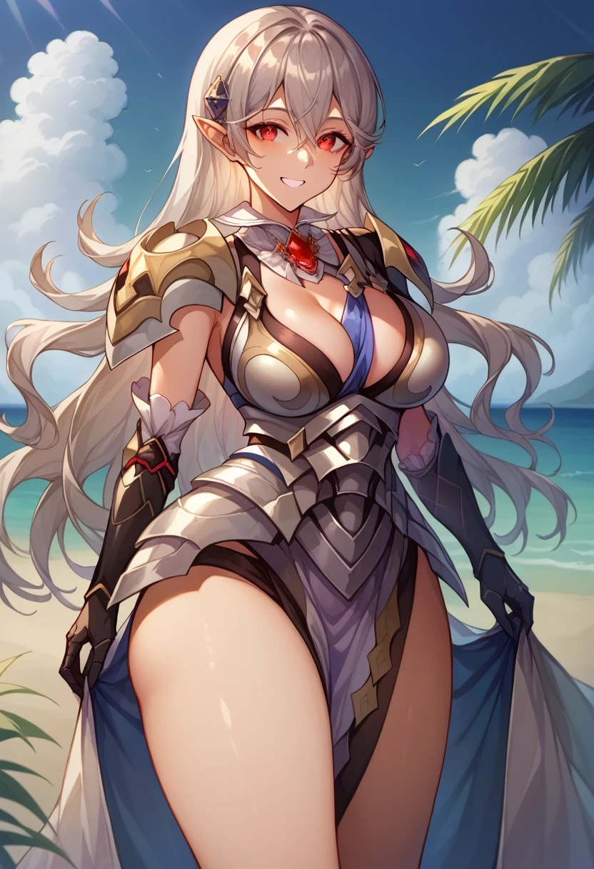 score_9, score_8_superior,Beach during daytime with bright sun、breast enhancement、looking at the camera、One Woman,Very long hair、Grey Hair、Red Eyes、Pointed Ears、Large Breasts、 very thick legs、barefoot、smile、Fascinating face、armor