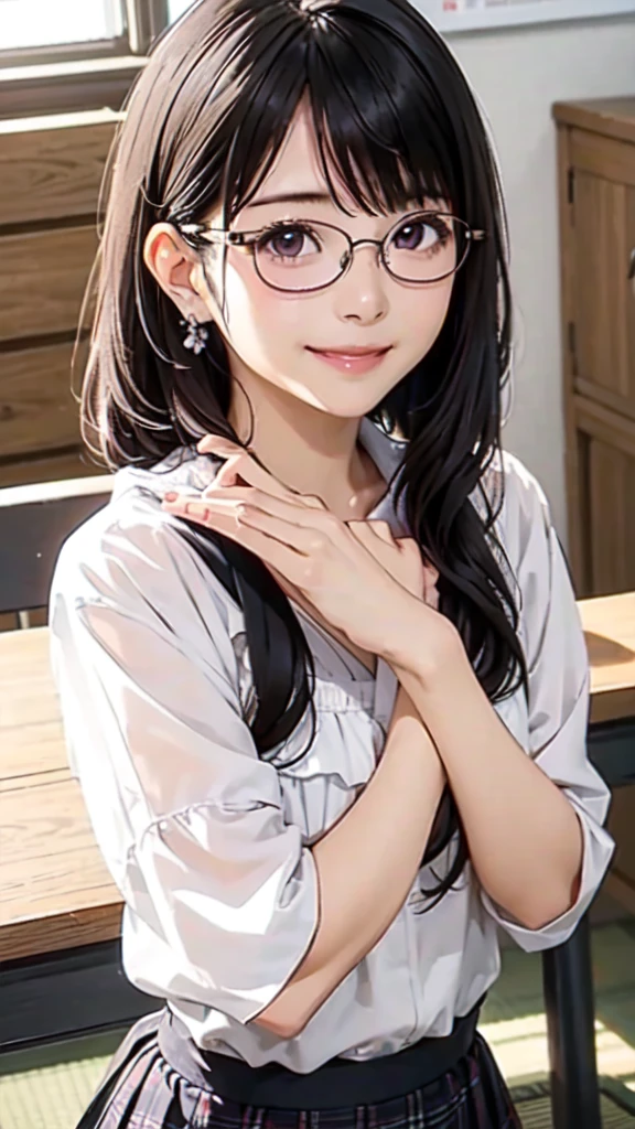 very cute and beautiful girl,(Very detailed美しい顔),(((A very cute face like a top Japanese idol)))、White blouse,ribbon,(Pleated check mini skirt),
Black Hair,Wooden classroom,
(Highest quality,masterpiece:1.0),Absurd,High resolution,Very detailed,Detailed Background,Composition from the front,Semi-long hair、(((Glasses)))、(((looking at the camera)))、(((upper body shot)))、smile