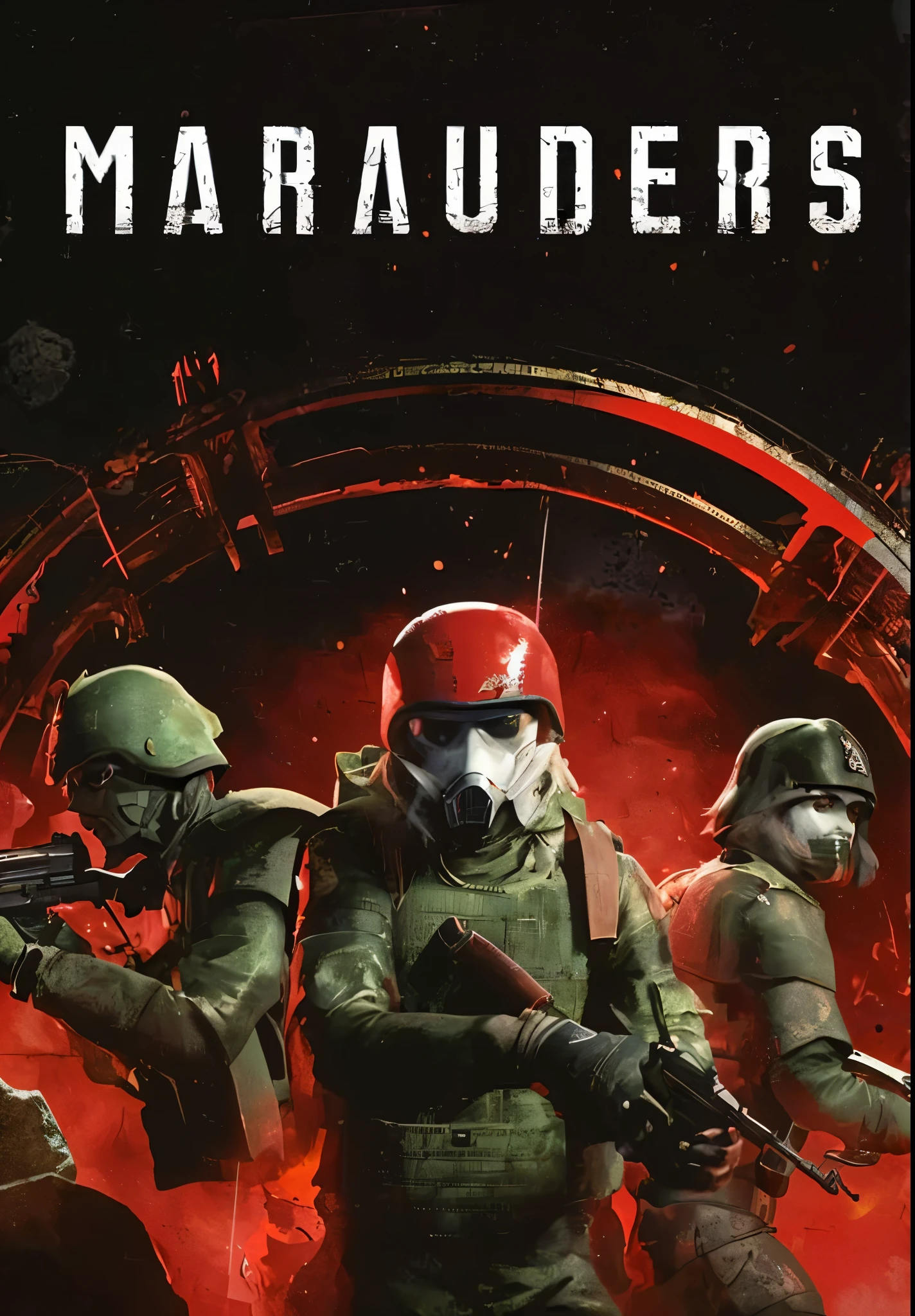 affiche de film avec en haut et centré "MARAUDERS"; au premier plan un trio de 3 personnage portant des masque à gaz et des casques militaires, ils ont des fusil dans leurs mains; un arrière plan sombre et rouge