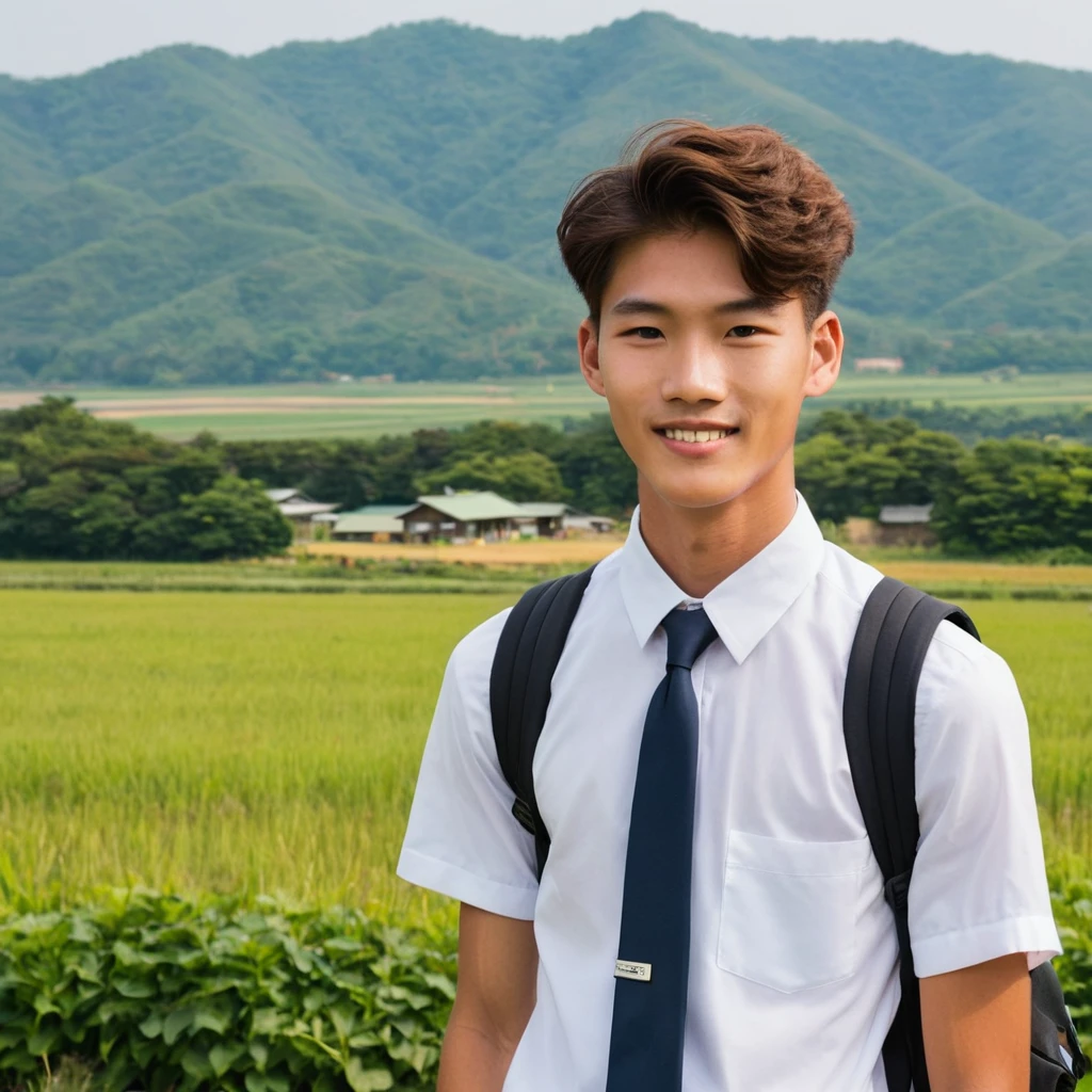 A 19-year-old high school boy from a rural area in South Korea, standing outside with a slightly tan complexion. He is wearing a  with a white shirt, a tie, and dark pants. His hair is short and neatly styled, and he carries a backpack over one shoulder. The background features a picturesque countryside scene with fields, trees, and a distant mountain range under a clear blue sky. He has a shy smile on his face, and his posture is relaxed yet slightly reserved.