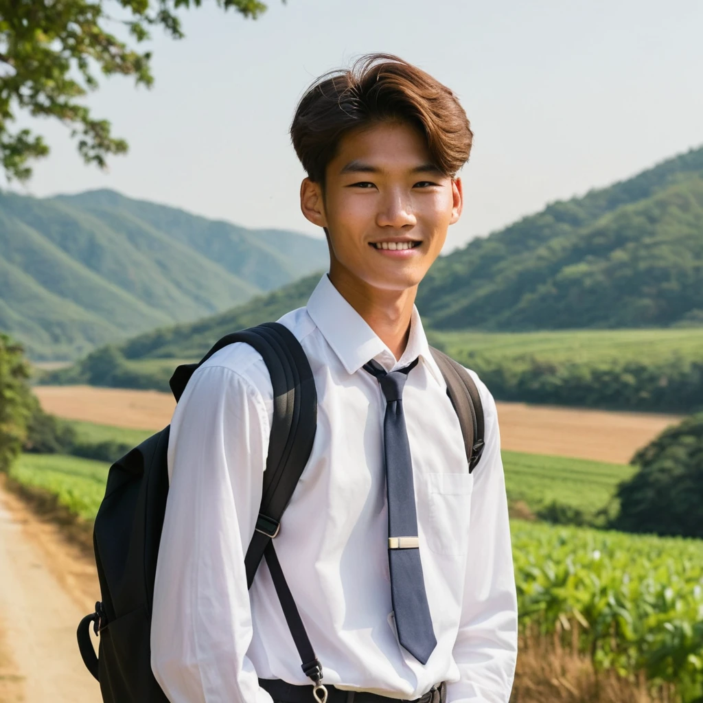 A 19-year-old high school boy from a rural area in South Korea, standing outside with a slightly tan complexion. He is wearing a  with a white shirt, a tie, and dark pants. His hair is short and neatly styled, and he carries a backpack over one shoulder. The background features a picturesque countryside scene with fields, trees, and a distant mountain range under a clear blue sky. He has a shy smile on his face, and his posture is relaxed yet slightly reserved.