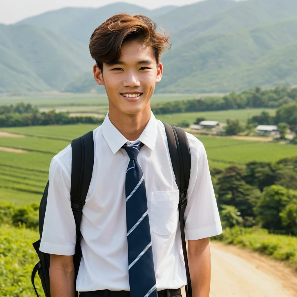 A 19-year-old high school boy from a rural area in South Korea, standing outside with a slightly tan complexion. He is wearing a with a white shirt, a tie, and dark pants. His hair is short and neatly styled, and he carries a backpack over one shoulder. The background features a picturesque countryside scene with fields, trees, and a distant mountain range under a clear blue sky. He has a shy smile on his face, and his posture is relaxed yet slightly reserved.