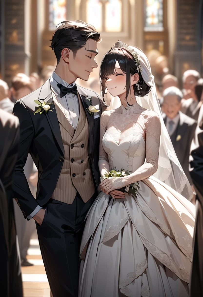 uhd, masterpiece, anatomically correct, textured skin, high details, award winning, best quality, highres, 4K, (((head shot))),Beautiful bride and groom, Lined up next to each other,wedding,People who bless those around,Inside the church,Happy atmosphere,Blurred background