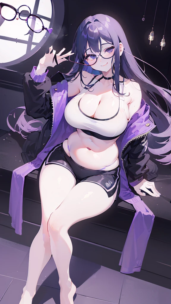 (Cafe Background:1.5), chair, (sedentary:1.5), window, sunlight, (Beautiful shades:1.5), Dynamic Pose Dynamic Angle, [ 4k digital art ]!!,(big bust, prominent cleavage:1.5), (Black eyes with a slight purple tint:1.5), (a devastated expression, dead eyes, dark atmosphere:1.5), (very white and long hair, weak perm:1.5), (sports bra, extra long sports jacket, hot pants, :1.5), (bare foot, round-rimmed glasses:1.5), (Belly Fat:1.5), (smiling faintly:1.5),(thin legs:1.1)