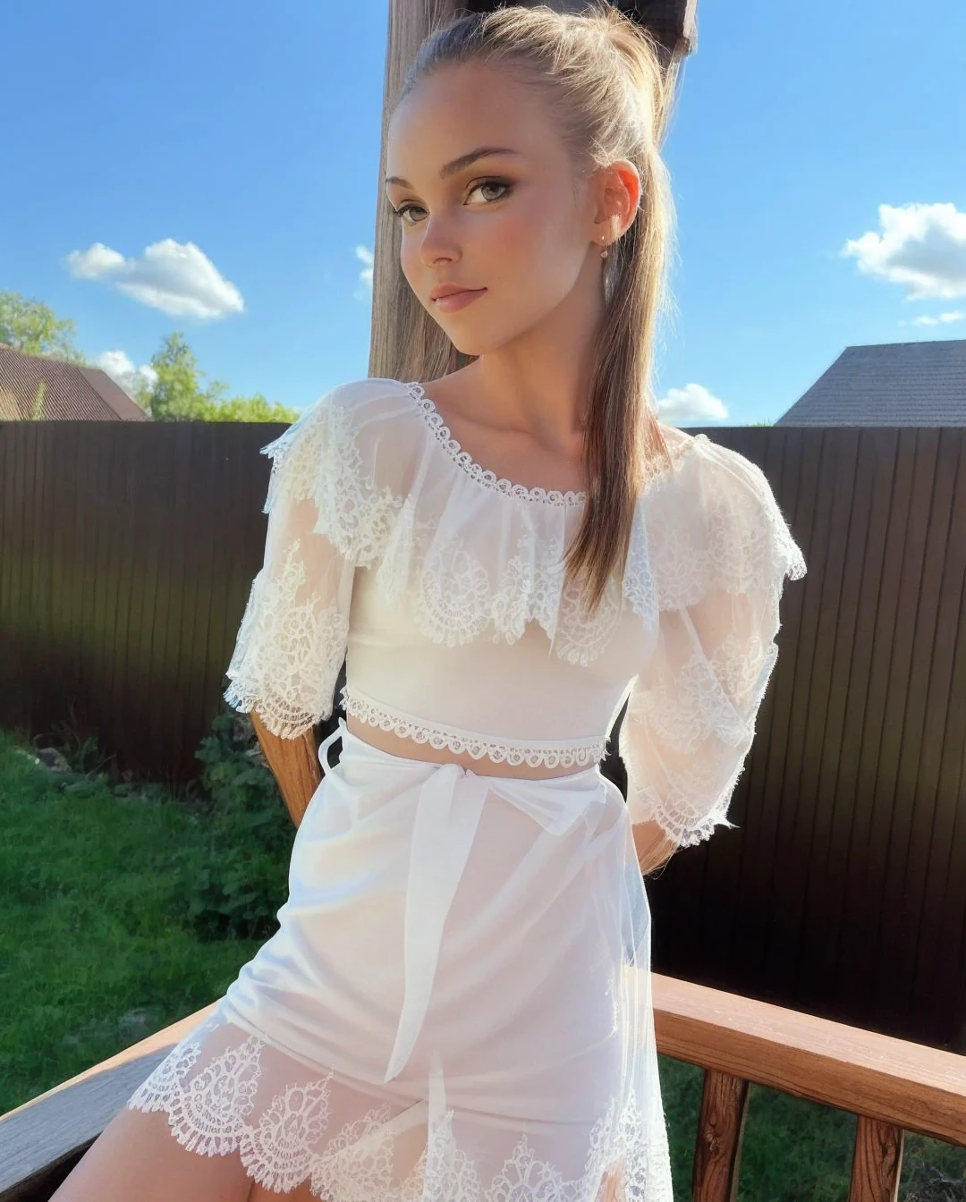 Create a series of different poses of my model wearing a slightly see through thin little sexy dress. 