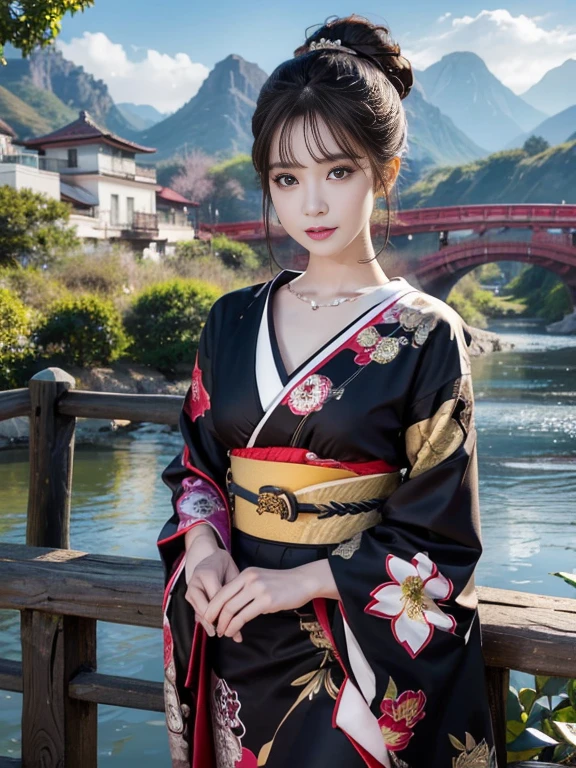 (Highest quality、 8k 、masterpiece、High resolution)、(whole body)、Vibrant colors、Brown-black bob、Traditional round topknot、Ample breasts、(Highly detailed face and eyes、Beautiful Face、Beautiful Eyes、Beautiful nose、Pretty lips)、 (Beautiful woman standing on a riverside observation deck)、(A friendly gaze)、(Oh!！Facial expression that)、(Vivid floral patterned kimono)、Official Art、  The background is a wide river、Nearby bridge、Riverside streetscape、Mountains in the distance、Detailed CG、