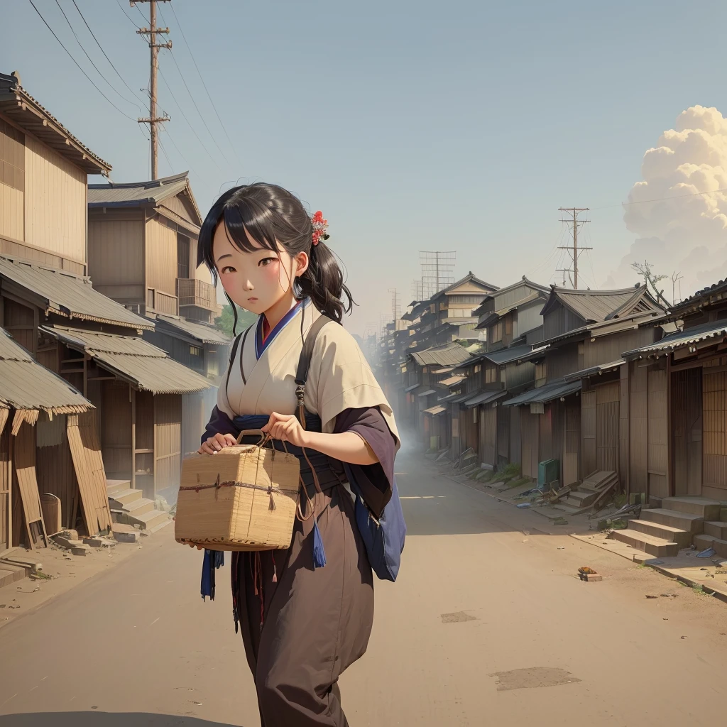 A man is walking along a dirt road carrying a blanket, artwork in the style of Gwaiz, Xin Haicheng, The background is a slum, dark. by makoto shinkai, Desolate. Digital Illustration, Digital Painting Concept Art, Matte Digital Painting, Old Asian Village, Gwaiz, illustration concept art, Jongsuk Lee Blazing flames, fire, crowd, throng, freezing, mother warming her baby.Scenery and Cityscape in the Early Meiji Era After the Meiji Restoration, Japan underwent rapid modernization and civilization. Consequently, many changes and reforms occurred. Below is a detailed explanation of the scenery, appearance of the poor, occupations, and cityscapes in the early Meiji period (1868 to the early 1880s). 2. Appearance of the Poor Life for the impoverished and lower classes remained harsh. In particular, in urban areas, people migrated from rural areas or unemployed artisans gathered, intensifying competition in the labor market. Many of them struggled with poverty, often residing in slums or around temples. 3. Occupations Meiji early Japan witnessed a diversification of occupations. Traditional agriculture and handicrafts were accompanied by the rise of modern industry and commerce. Particularly in urban areas, factory workers, shop clerks, and transporters increased, giving rise to new professions. However, many in these occupations endured harsh working conditions. 4. Influence of Civilization and Enlightenment During the Meiji era, Western cultural influences spread rapidly. Changes in clothing, dietary habits, and the proliferation of Western-style architecture advanced, especially in urban areas. Conversely, this development posed a threat to traditional culture and lifestyles, resulting in societal upheaval and adaptation challenges. 5. Social Change and Policy Influence While promoting modernization policies, the government also addressed poverty and social issues. Legislation for labor protection and charitable activities to aid the poor were implemented. Nevertheless, living conditions for the impoverished scarcely improved. The early Meiji period marked a rapid transformation i