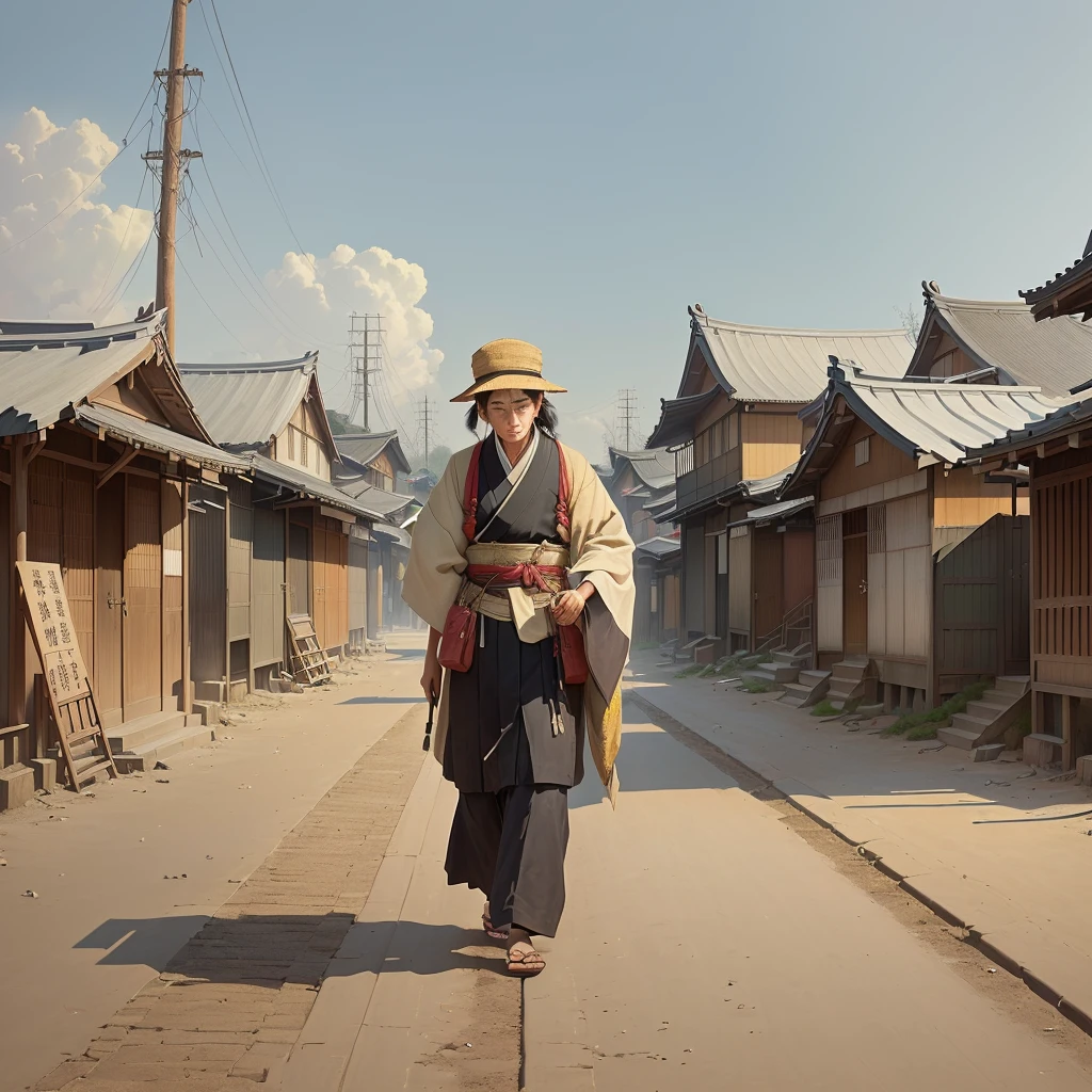 A man is walking along a dirt road carrying a blanket, artwork in the style of Gwaiz, Xin Haicheng, The background is a slum, dark. by makoto shinkai, Desolate. Digital Illustration, Digital Painting Concept Art, Matte Digital Painting, Old Asian Village, Gwaiz, illustration concept art, Jongsuk Lee Blazing flames, fire, crowd, throng, freezing, mother warming her baby.Scenery and Cityscape in the Early Meiji Era After the Meiji Restoration, Japan underwent rapid modernization and civilization. Consequently, many changes and reforms occurred. Below is a detailed explanation of the scenery, appearance of the poor, occupations, and cityscapes in the early Meiji period (1868 to the early 1880s). 2. Appearance of the Poor Life for the impoverished and lower classes remained harsh. In particular, in urban areas, people migrated from rural areas or unemployed artisans gathered, intensifying competition in the labor market. Many of them struggled with poverty, often residing in slums or around temples. 3. Occupations Meiji early Japan witnessed a diversification of occupations. Traditional agriculture and handicrafts were accompanied by the rise of modern industry and commerce. Particularly in urban areas, factory workers, shop clerks, and transporters increased, giving rise to new professions. However, many in these occupations endured harsh working conditions. 4. Influence of Civilization and Enlightenment During the Meiji era, Western cultural influences spread rapidly. Changes in clothing, dietary habits, and the proliferation of Western-style architecture advanced, especially in urban areas. Conversely, this development posed a threat to traditional culture and lifestyles, resulting in societal upheaval and adaptation challenges. 5. Social Change and Policy Influence While promoting modernization policies, the government also addressed poverty and social issues. Legislation for labor protection and charitable activities to aid the poor were implemented. Nevertheless, living conditions for the impoverished scarcely improved. The early Meiji period marked a rapid transformation i