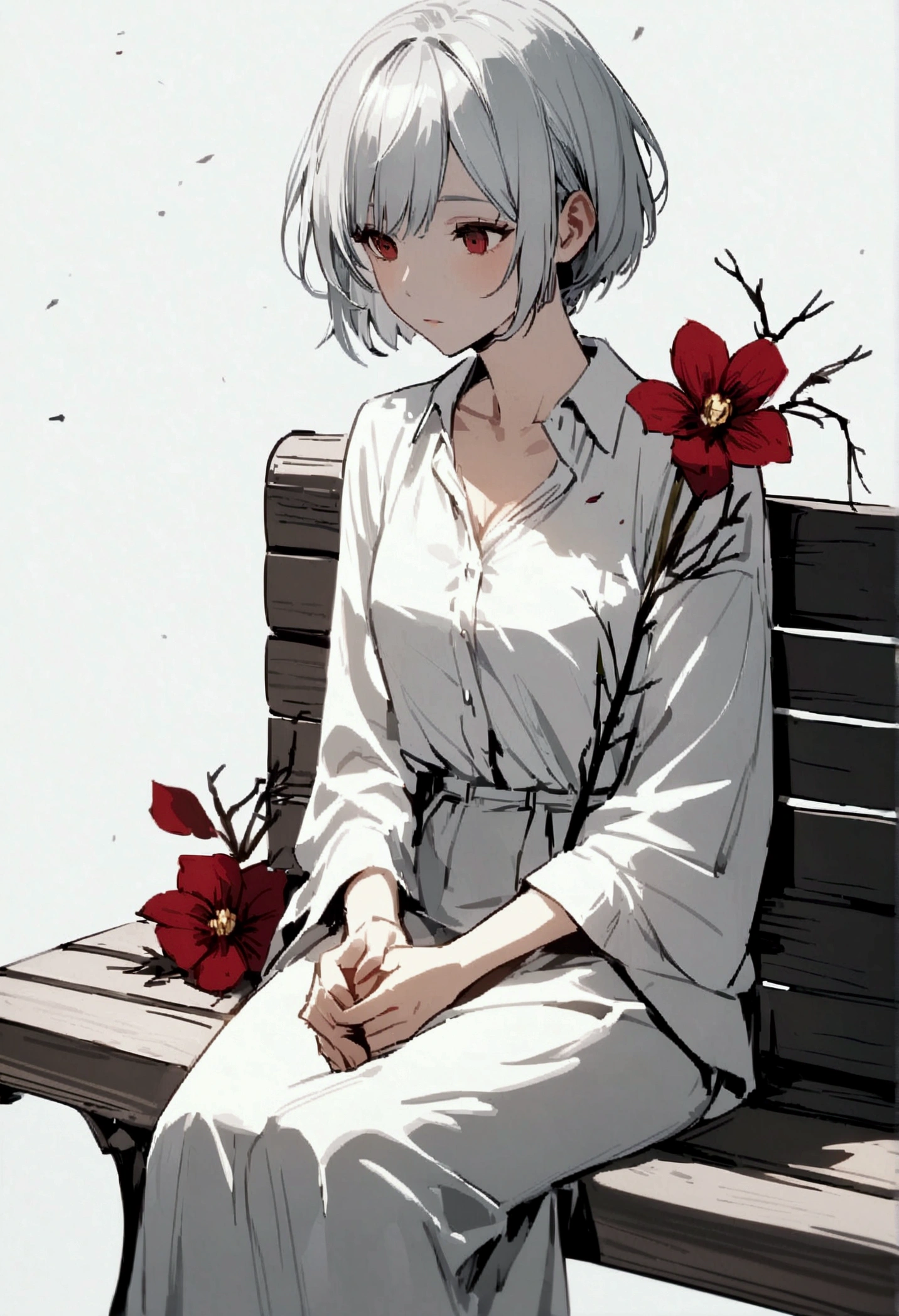 Light gray background, woman sitting on bench, silver hair, short hair, withered red flower