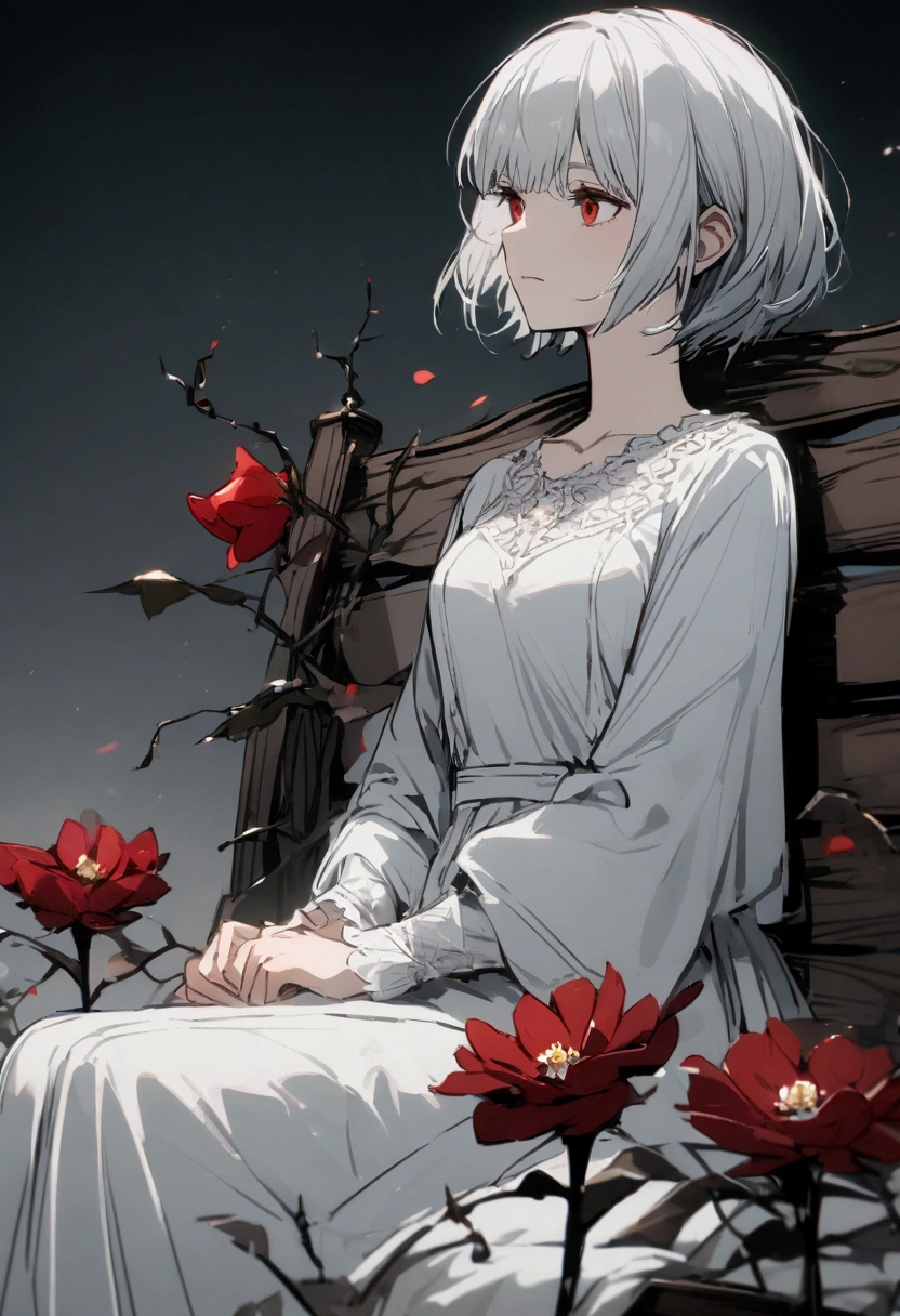 Light gray background, woman sitting on bench, silver hair, short hair, withered red flower