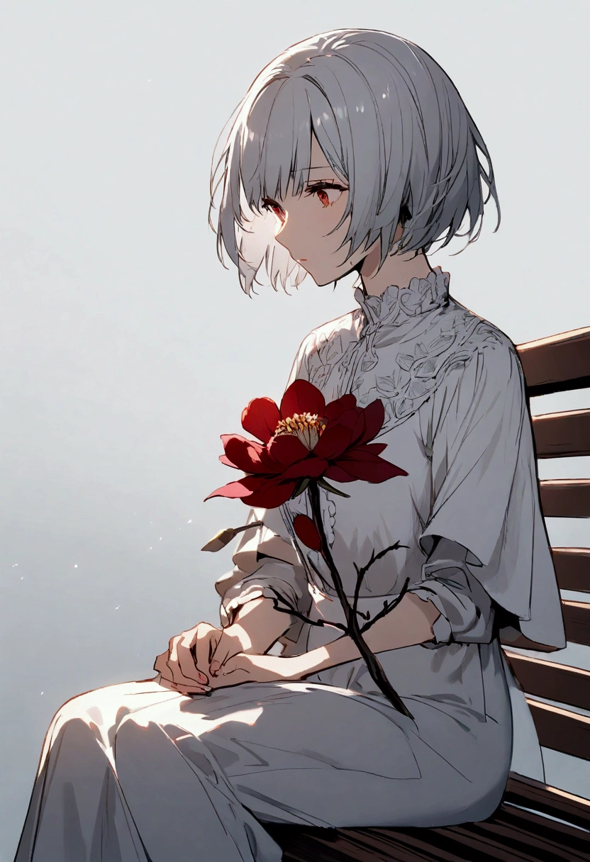 Light gray background, woman sitting on bench, silver hair, short hair, withered red flower