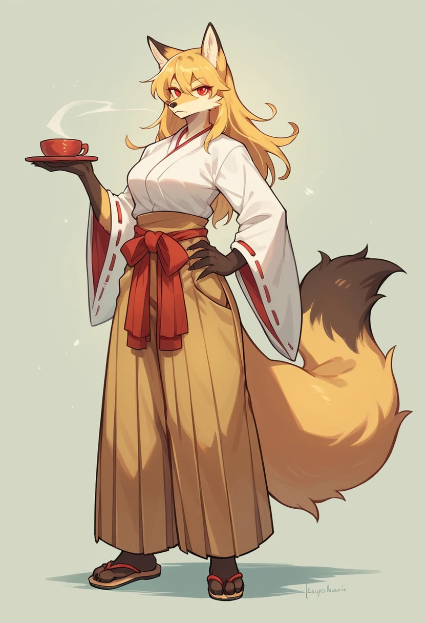 (full body,A Cup,The left hand is on the hip,The right hand is hidden by the hem),Fox woman, Furry, Golden fur, Golden facial fur, long golden hair, The hair on his hands is golden, Golden yellow hair on the back of the hand, Light-filled eyes, Red eyes, Brown elements of fur,Hakama,Very fine fur, Fluffy tail,A Cup
