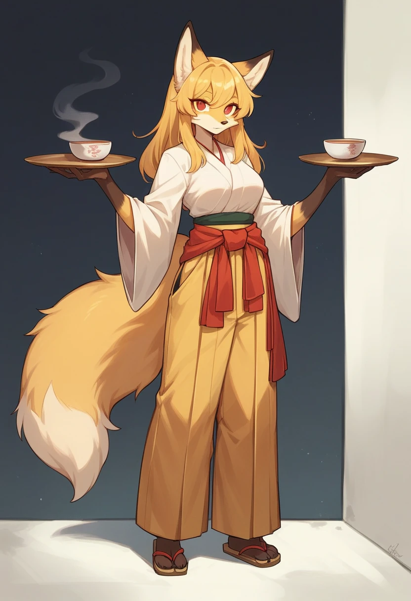 (full body,A Cup,The left hand is on the hip,The right hand is hidden),Fox woman, Furry, Golden fur, Golden facial fur, long golden hair, The hair on his hands is golden, Golden yellow hair on the back of the hand, Light-filled eyes, Red eyes, Brown elements of fur,Hakama,Sword on waist,Very fine fur, Fluffy tail,A Cup