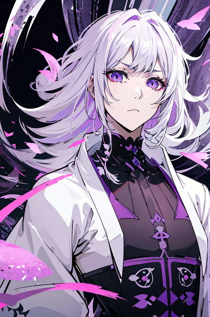 Ultra detailed, HDR, Highres, absurdres, master piece, Sakamaki Izayoi, expressive violet eyes, white hair with bangs, white eyelashes, Jujutsu Kaisen, black coat with patterns, black tight shirt, purple glittering butterflies, purple ice, petals, purple ice roses, sexy man, solo, extremely detailed face and eyes, extremely handsome, glittering, glittering eyes,
