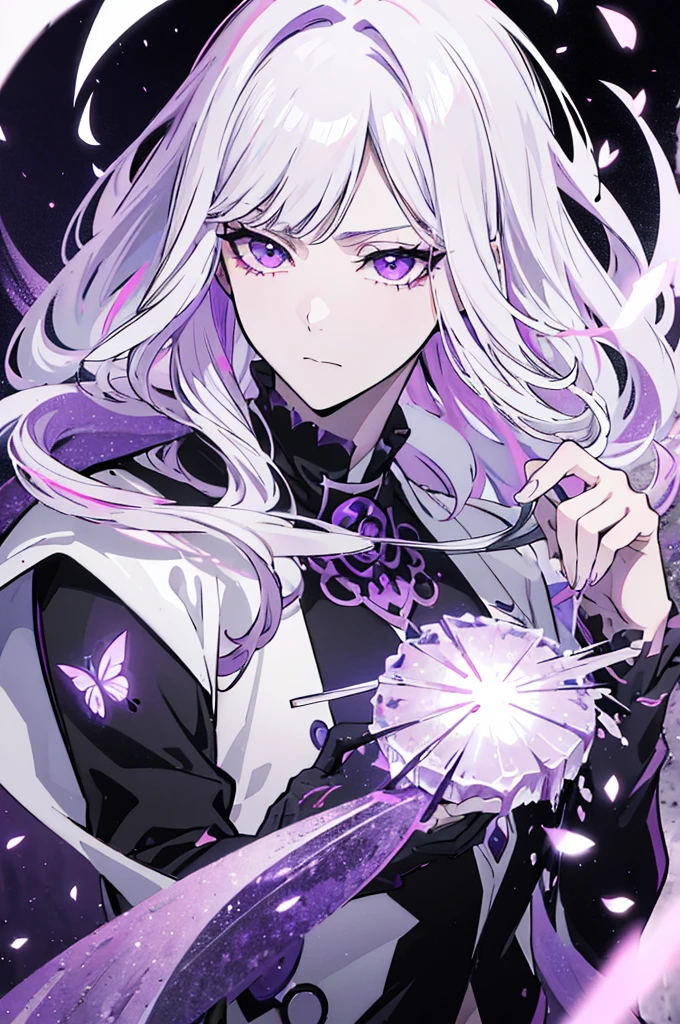 Ultra detailed, HDR, Highres, absurdres, master piece, Sakamaki Izayoi, expressive violet eyes, white hair with bangs, white eyelashes, Jujutsu Kaisen, black coat with patterns, black tight shirt, purple glittering butterflies, purple ice, petals, purple ice roses, sexy man, solo, extremely detailed face and eyes, extremely handsome, glittering, glittering eyes,