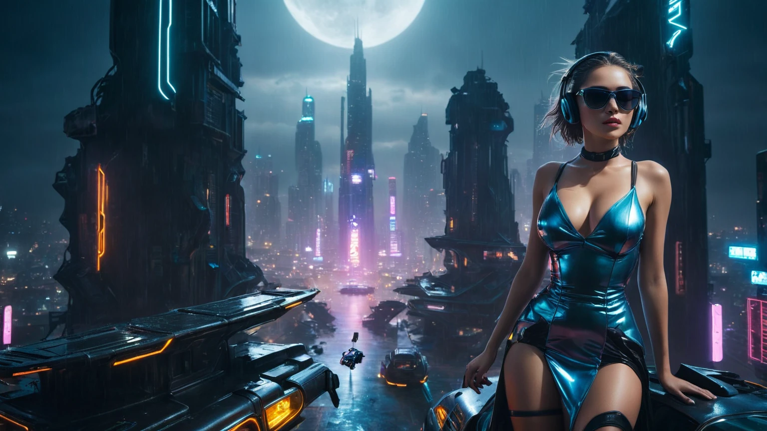 (aerial view, a flying cars docking platform, a very dark abandoned futuristic city, neon lights), rainy night. 1girl, solo, alone, large-breast:1.2 slim body, cleavage:1.1, sexy wind blowing wet dress:1.4, (headphone, black sunglasses), (((((she raised:1.8 a pistol:1.8 and took aim at viewer))))), dynamic pose, (((half-body thigh level medium shot))), cinematic lighting, lens flare, ray tracing.
