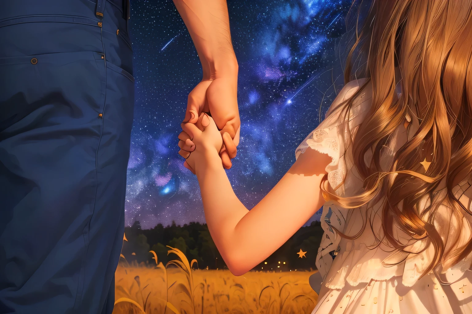 there is a man and a woman holding hands in a field, holding hands in the moonlight, under the stars, with stars, holding hand, in a space starry, beneath the stars, holding a galaxy, summer night, with the sky full of stars, looking at the stars, take my hand, holding hands, girl looks at the space, holding onto a galaxy