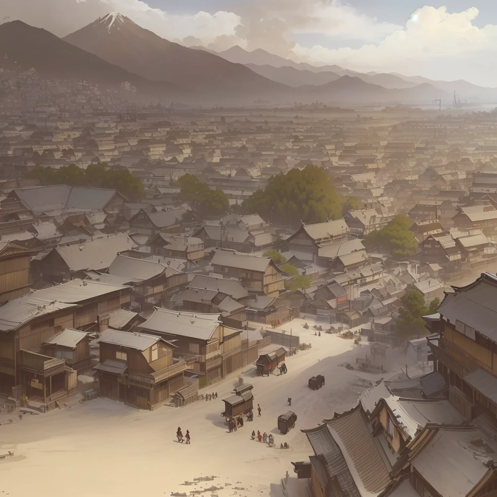 Here is a picture of a town with many buildings., Xin Haicheng, Japanese Street, Traditional Japanese concept art, feudal japan art, Japanese cities, Ross Tran. Landscape Background, Andreas Rocha Style, Painterly concept art, Martin Raphael Lacoste, Set in feudal Japan, Raphael Lacoste's style, Digital painting concept art Blazing flames, fire, crowd, throng, freezing, mother warming her baby.Scenery and Cityscape in the Early Meiji Era After the Meiji Restoration, Japan underwent rapid modernization and civilization. Consequently, many changes and reforms occurred. Below is a detailed explanation of the scenery, appearance of the poor, occupations, and cityscapes in the early Meiji period (1868 to the early 1880s). 2. Appearance of the Poor Life for the impoverished and lower classes remained harsh. In particular, in urban areas, people migrated from rural areas or unemployed artisans gathered, intensifying competition in the labor market. Many of them struggled with poverty, often residing in slums or around temples. 3. Occupations Meiji early Japan witnessed a diversification of occupations. Traditional agriculture and handicrafts were accompanied by the rise of modern industry and commerce. Particularly in urban areas, factory workers, shop clerks, and transporters increased, giving rise to new professions. However, many in these occupations endured harsh working conditions. 4. Influence of Civilization and Enlightenment During the Meiji era, Western cultural influences spread rapidly. Changes in clothing, dietary habits, and the proliferation of Western-style architecture advanced, especially in urban areas. Conversely, this development posed a threat to traditional culture and lifestyles, resulting in societal upheaval and adaptation challenges. 5. Social Change and Policy Influence While promoting modernization policies, the government also addressed poverty and social issues. Legislation for labor protection and charitable activities to aid the poor were implemented. Nevertheless, living conditions for the impoverished scarcely improved. The early Meiji period marked a rapid transformation in Japan,