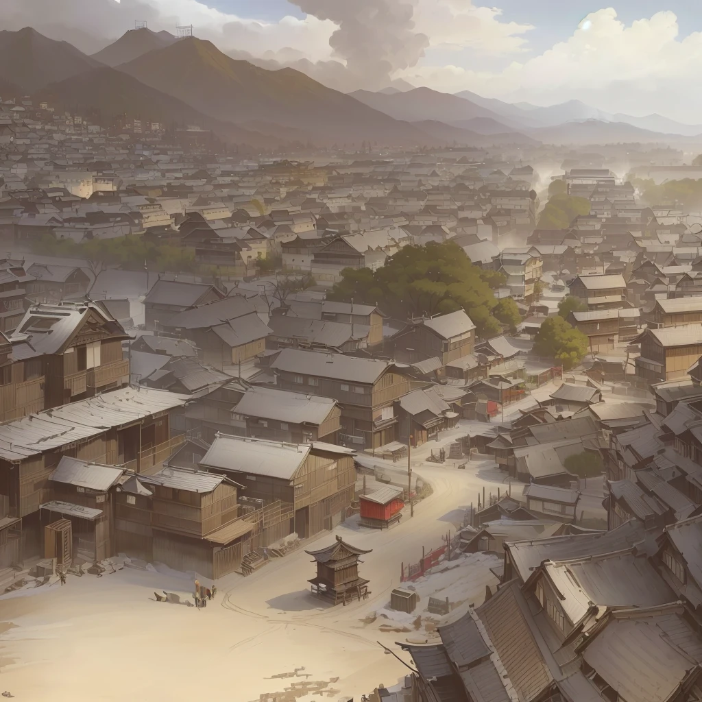 Here is a picture of a town with many buildings., Xin Haicheng, Japanese Street, Traditional Japanese concept art, feudal japan art, Japanese cities, Ross Tran. Landscape Background, Andreas Rocha Style, Painterly concept art, Martin Raphael Lacoste, Set in feudal Japan, Raphael Lacoste's style, Digital painting concept art Blazing flames, fire, crowd, throng, freezing, mother warming her .Scenery and Cityscape in the Early Meiji Era After the Meiji Restoration, Japan underwent rapid modernization and civilization. Consequently, many changes and reforms occurred. Below is a detailed explanation of the scenery, appearance of the poor, occupations, and cityscapes in the early Meiji period (1868 to the early 1880s). 2. Appearance of the Poor Life for the impoverished and lower classes remained harsh. In particular, in urban areas, people migrated from rural areas or unemployed artisans gathered, intensifying competition in the labor market. Many of them struggled with poverty, often residing in slums or around temples. 3. Occupations Meiji early Japan witnessed a diversification of occupations. Traditional agriculture and handicrafts were accompanied by the rise of modern industry and commerce. Particularly in urban areas, factory workers, shop clerks, and transporters increased, giving rise to new professions. However, many in these occupations endured harsh working conditions. 4. Influence of Civilization and Enlightenment During the Meiji era, Western cultural influences spread rapidly. Changes in clothing, dietary habits, and the proliferation of Western-style architecture advanced, especially in urban areas. Conversely, this development posed a threat to traditional culture and lifestyles, resulting in societal upheaval and adaptation challenges. 5. Social Change and Policy Influence While promoting modernization policies, the government also addressed poverty and social issues. Legislation for labor protection and charitable activities to aid the poor were implemented. Nevertheless, living conditions for the impoverished scarcely improved. The early Meiji period marked a rapid transformation in Japan,
