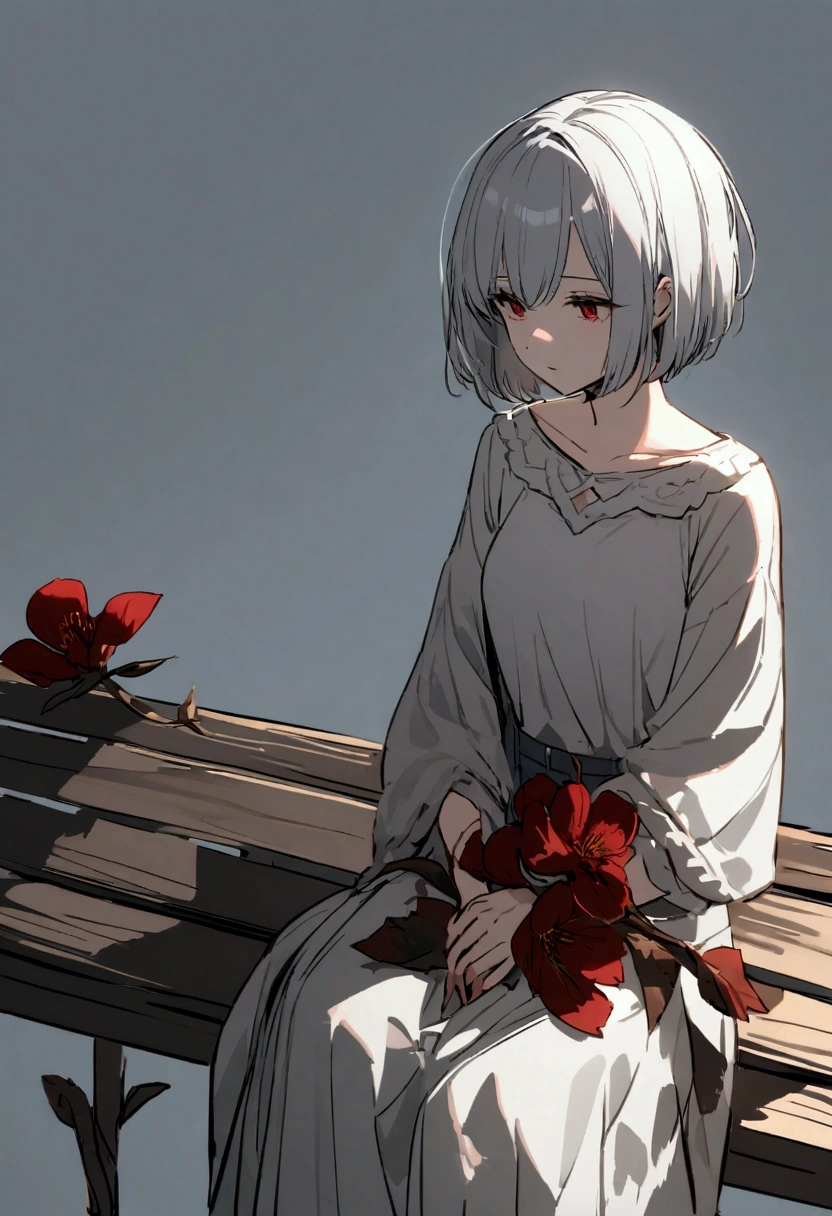 Light gray background, woman sitting on bench, silver hair, short hair, withered red flower