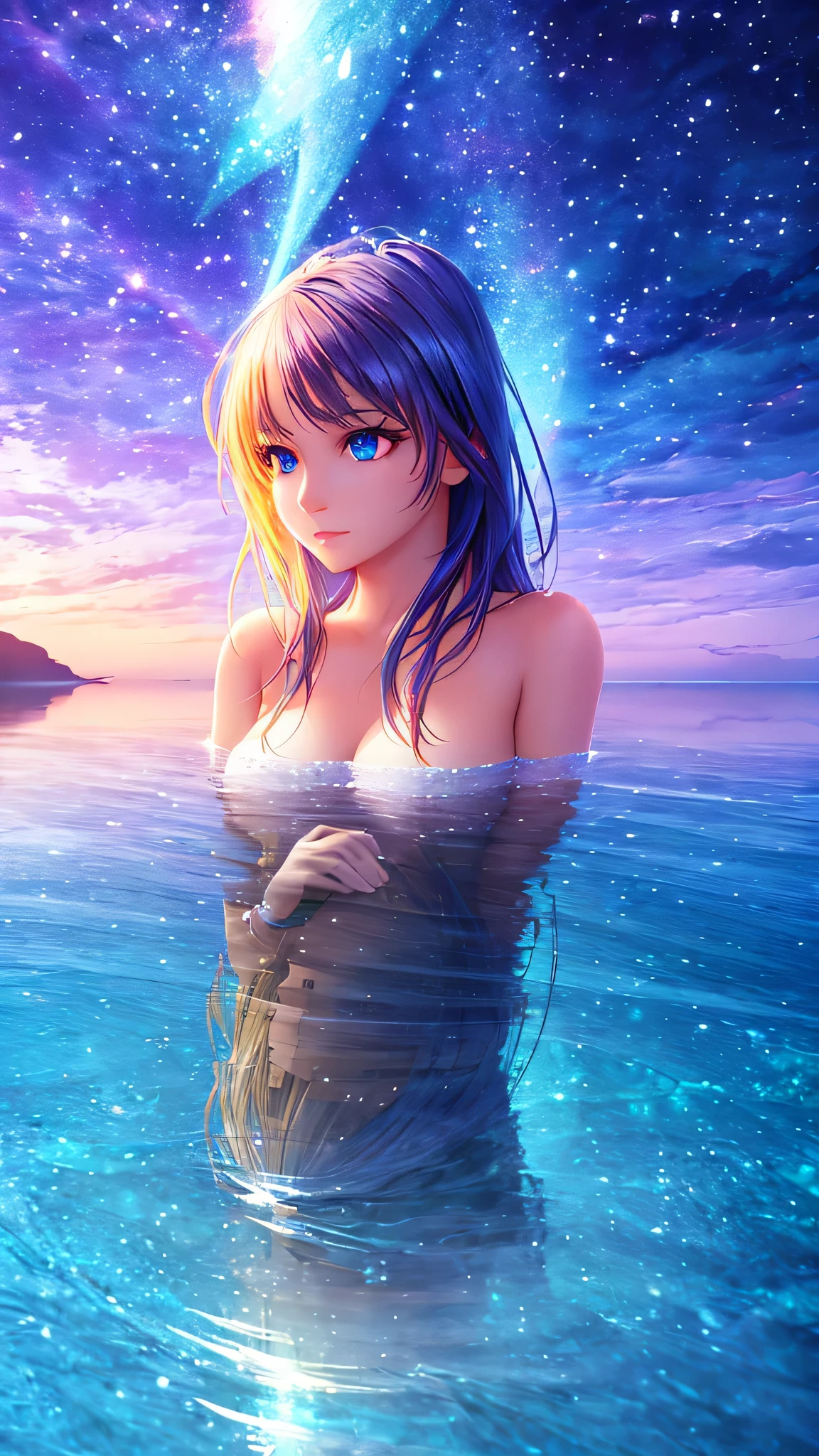 a girl standing in the middle of day and night, day on one side of the water, night on the other, (best quality,4k,8k,highres,masterpiece:1.2),ultra-detailed,(realistic,photorealistic,photo-realistic:1.37),extremely detailed eyes and face, beautiful detailed eyes, beautiful detailed lips, longeyelashes, detailed water reflection, dramatic lighting, serene atmosphere, vibrant colors, ethereal, surreal, fantasy, digital art