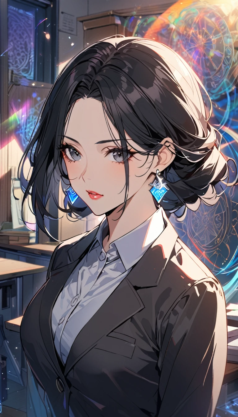 1woman,matured face,curtain hair forehead(long black hair),eyes,black eyes,teacher,teacher outfit, beautiful, colourful classroom background,standing attentive pose, neutral,stoic,wearing an ID card,earrings,juicy full lips,magic circle in the background, portrait