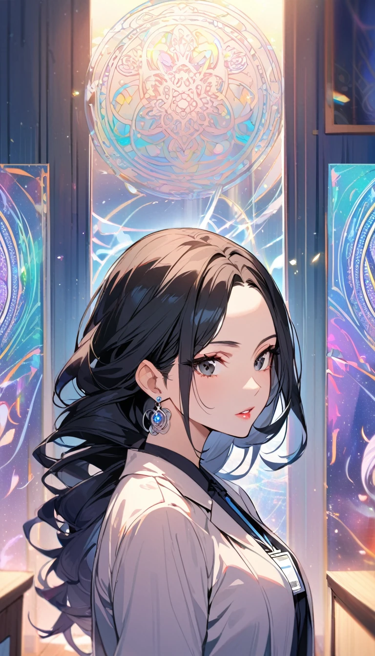 1woman,matured face,curtain hair forehead(long black hair),eyes,black eyes,teacher,teacher outfit, beautiful, colourful classroom background,standing attentive pose, neutral,stoic,wearing an ID card,earrings,juicy full lips,magic circle in the background, portrait 