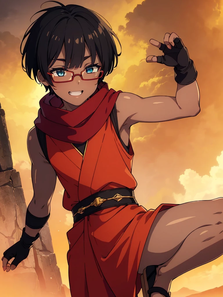 (flat chest), (masterpiece:1.2), highest quality, High resolution, unity 8k wallpaper, (fine and beautiful eyes:1.6), highly detailed face, perfect lighting, Detailed CG, (perfect hands, perfect anatomy), (1 boy:1.4), 20 years old,( black hair:1.3), extremely beautiful detailfeminine face and eyes, (grin smile), detailed eyes, best quality,( dark skin:1.8), extremely detailed, very precise detailed,(glasses:1.3), blunt bangs, open mouth, (very short pixie cut:1.2), (geta:1.2),(fingerless gloves:1.5), half closed eyes,long sidelocks,(long red Scarf:1.3),(sleeveless yukata), (flying_kick:1.2),